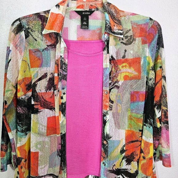 ALI MILES MULTICOLORED ABSTRACT PRINT SEMI SHEER BOHO BLOUSE WITH CAMI SIZE S - Picture 3 of 8
